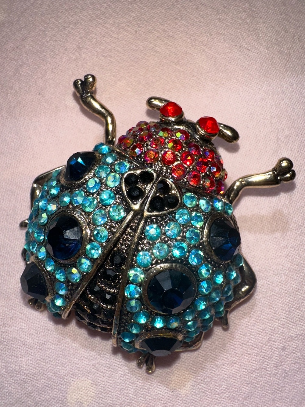 Gold Tone Iridescent Jeweled Beetle Brooch - Picture 3 of 17